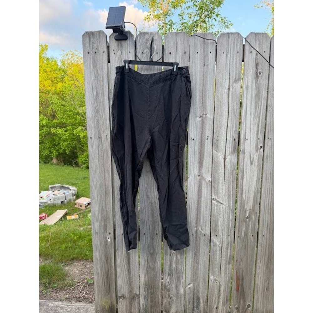 FLAX Womens Black Linen Pants Relaxed Fit Elastic Waist Trousers Size L